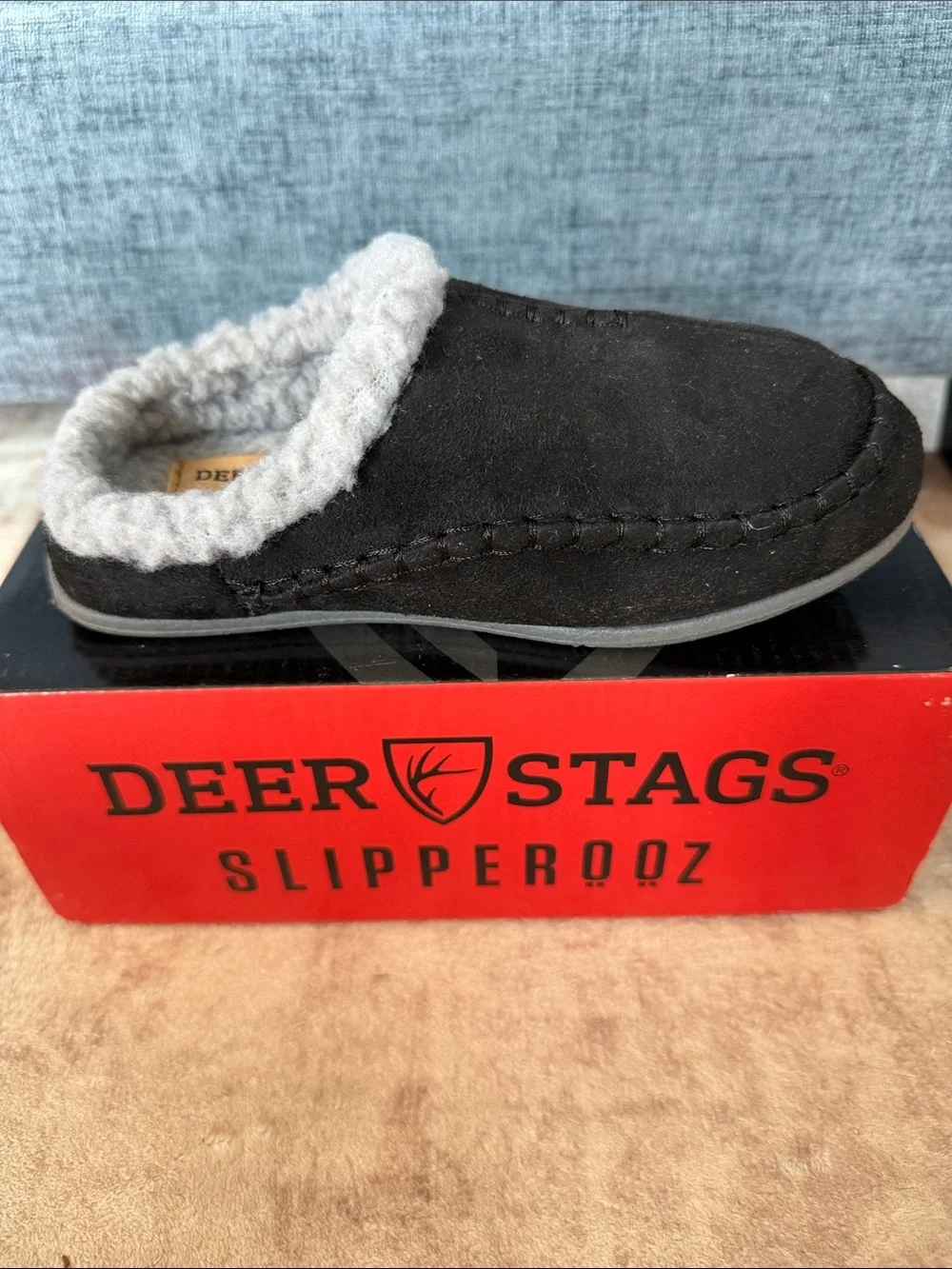 Deer Stags Kids Black Slip-On Slipper with Gray Plush Lining